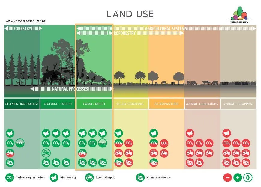 Diagramme « Land Use » situant la forêt comestible entre la forêt et l'agriculture, évaluée sur le stockage du carbone, la biodiversité, les intrants extérieurs et la résilience climatique